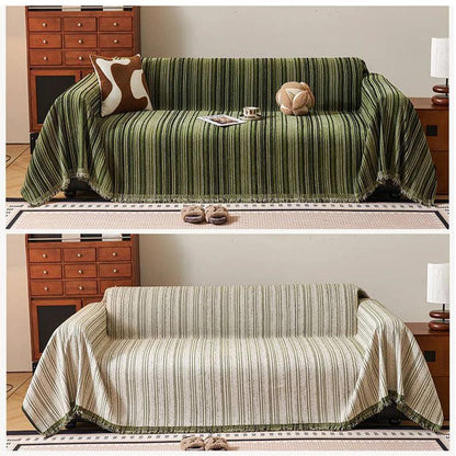 Chenille Stripe Pattern Reversible Sofa Cover │ Simple Solid Color Anti-cat Scratch Protection Throw Blanket with Tassel - Besontique Home