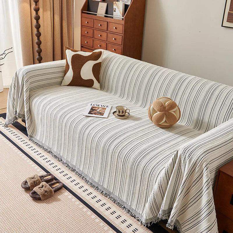 Chenille Stripe Pattern Reversible Sofa Cover │ Simple Solid Color Anti-cat Scratch Protection Throw Blanket with Tassel - Besontique Home