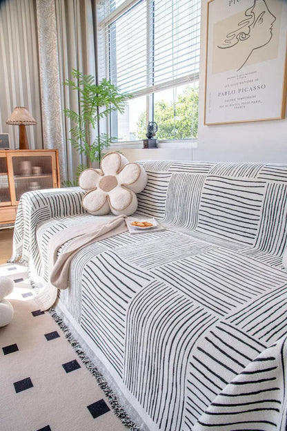 Chenille Striped Pattern Throw Blanket with Tassel 2 │ Nordic Jacquard Reversible Anti-cat Scratch Protection Sofa Cover - Besontique Home