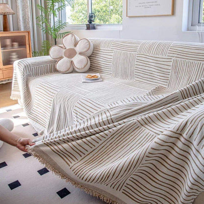 Chenille Striped Pattern Throw Blanket with Tassel 2 │ Nordic Jacquard Reversible Anti-cat Scratch Protection Sofa Cover - Besontique Home