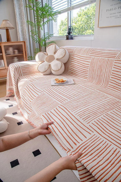 Chenille Striped Pattern Throw Blanket with Tassel 2 │ Nordic Jacquard Reversible Anti-cat Scratch Protection Sofa Cover - Besontique Home