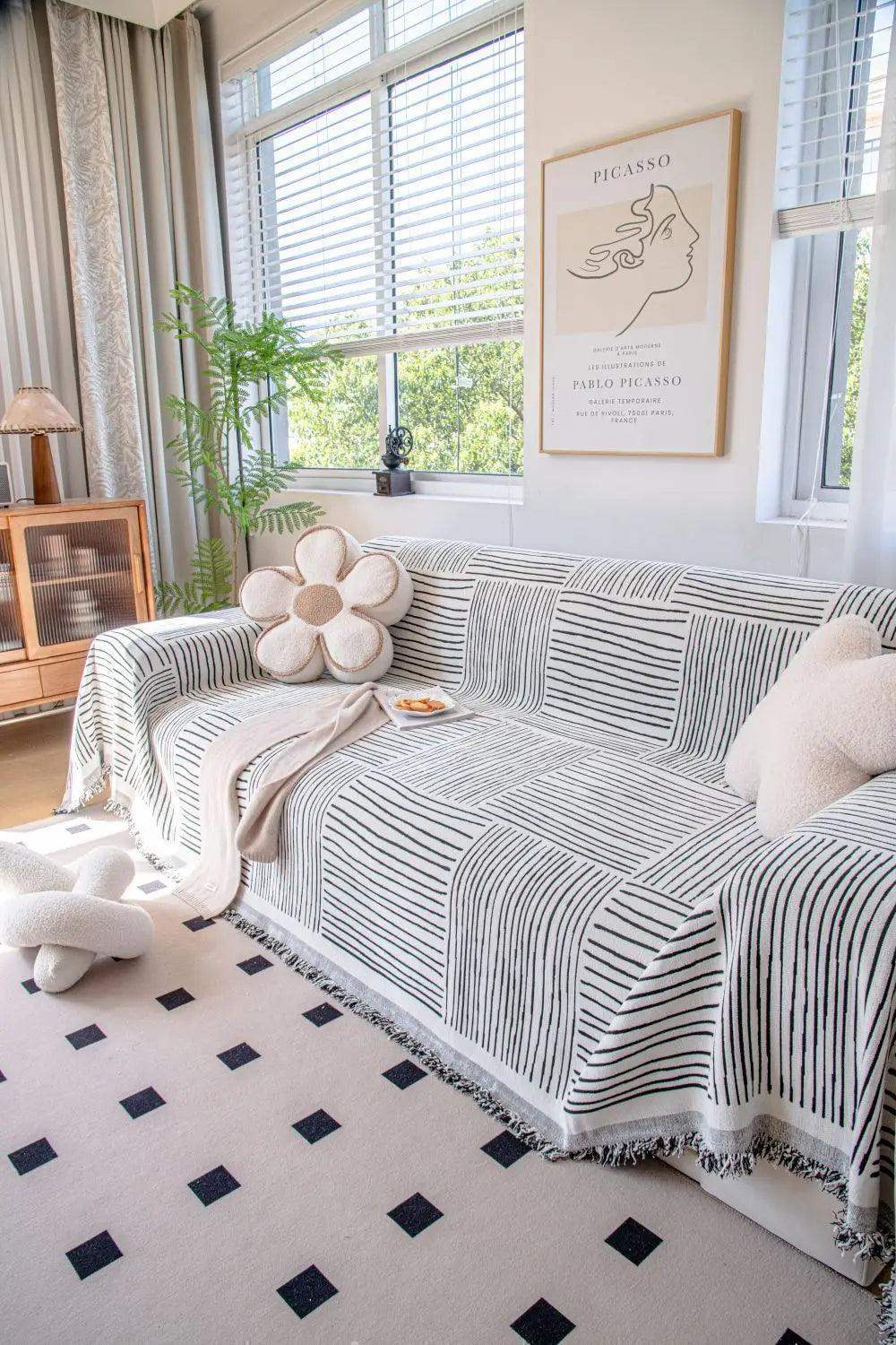 Chenille Striped Pattern Throw Blanket with Tassel 2 │ Nordic Jacquard Reversible Anti-cat Scratch Protection Sofa Cover - Besontique Home