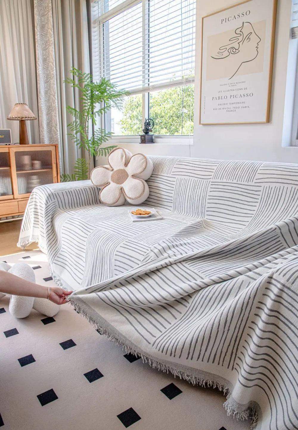 Chenille Striped Pattern Throw Blanket with Tassel 2 │ Nordic Jacquard Reversible Anti-cat Scratch Protection Sofa Cover - Besontique Home
