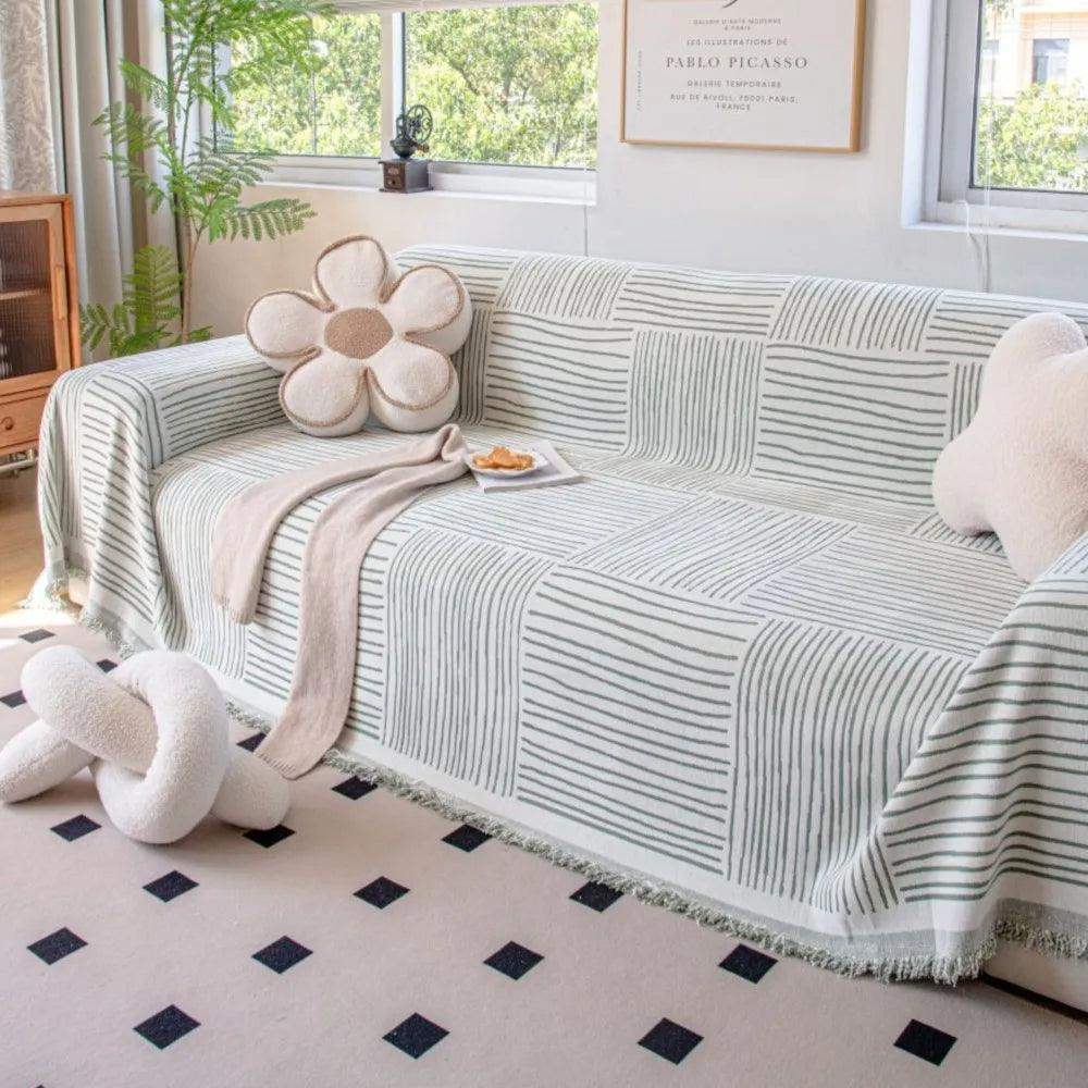 Chenille Striped Pattern Throw Blanket with Tassel 2 │ Nordic Jacquard Reversible Anti-cat Scratch Protection Sofa Cover - Besontique Home