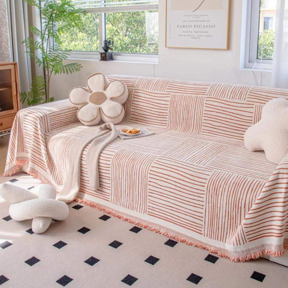 Chenille Striped Pattern Throw Blanket with Tassel 2 │ Nordic Jacquard Reversible Anti-cat Scratch Protection Sofa Cover - Besontique Home