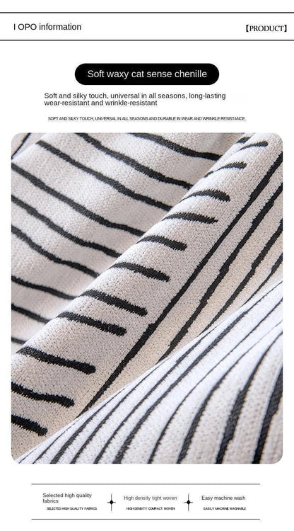 Chenille Striped Pattern Throw Blanket with Tassel 2 │ Nordic Jacquard Reversible Anti-cat Scratch Protection Sofa Cover - Besontique Home