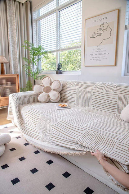 Chenille Striped Pattern Throw Blanket with Tassel 2 │ Nordic Jacquard Reversible Anti-cat Scratch Protection Sofa Cover - Besontique Home