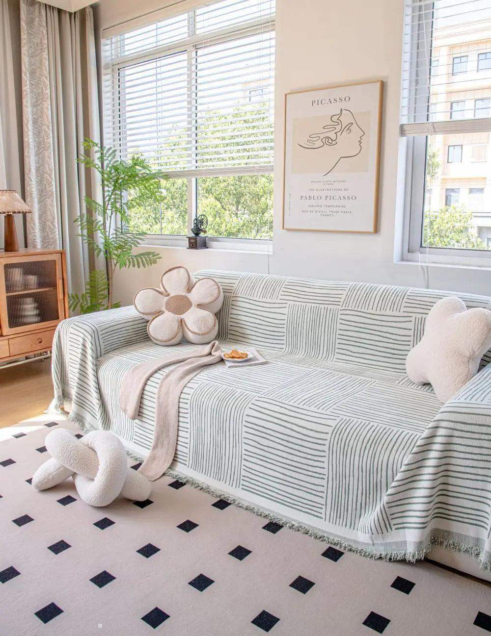 Chenille Striped Pattern Throw Blanket with Tassel 2 │ Nordic Jacquard Reversible Anti-cat Scratch Protection Sofa Cover - Besontique Home