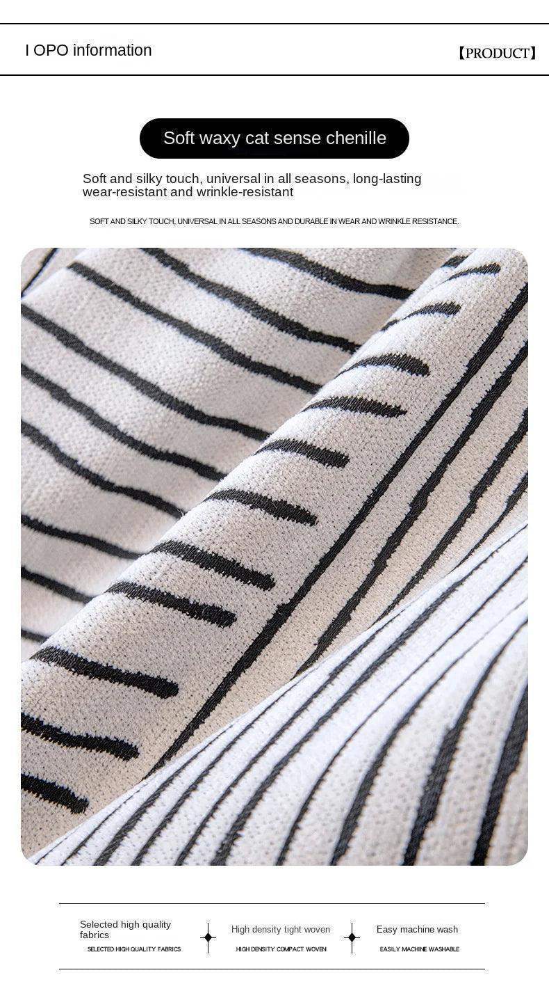 Chenille Striped Pattern Throw Blanket with Tassel 2 │ Nordic Jacquard Reversible Anti-cat Scratch Protection Sofa Cover - Besontique Home