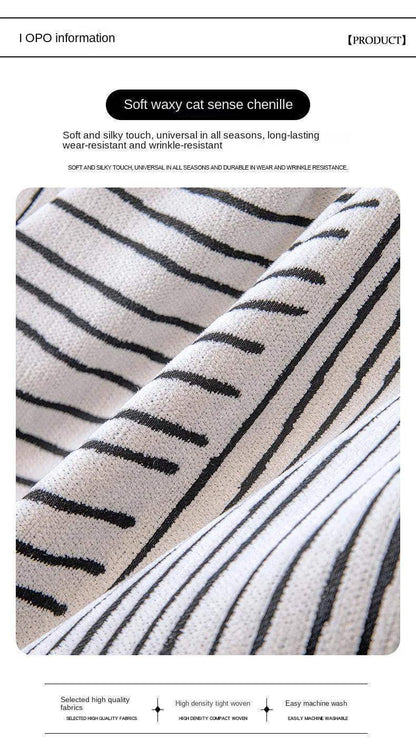 Chenille Striped Pattern Throw Blanket with Tassel 2 │ Nordic Jacquard Reversible Anti-cat Scratch Protection Sofa Cover - Besontique Home