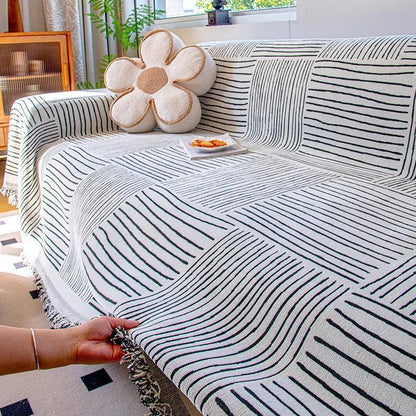 Chenille Striped Pattern Throw Blanket with Tassel 2 │ Nordic Jacquard Reversible Anti-cat Scratch Protection Sofa Cover - Besontique Home