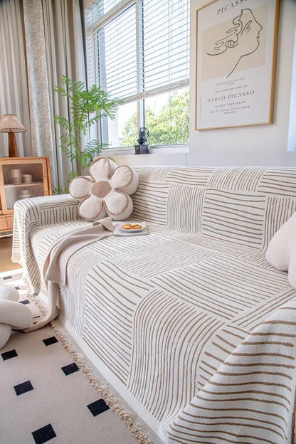 Chenille Striped Pattern Throw Blanket with Tassel 2 │ Nordic Jacquard Reversible Anti-cat Scratch Protection Sofa Cover - Besontique Home