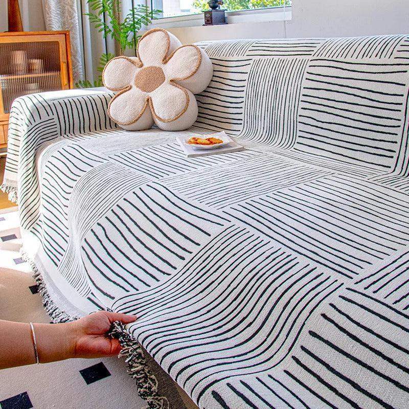 Chenille Striped Pattern Throw Blanket with Tassel 2 │ Nordic Jacquard Reversible Anti-cat Scratch Protection Sofa Cover - Besontique Home