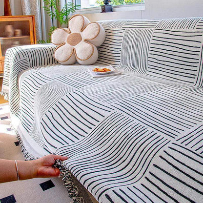 Chenille Striped Pattern Throw Blanket with Tassel 2 │ Nordic Jacquard Reversible Anti-cat Scratch Protection Sofa Cover - Besontique Home