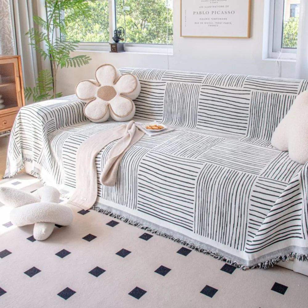 Chenille Striped Pattern Throw Blanket with Tassel 2 │ Nordic Jacquard Reversible Anti-cat Scratch Protection Sofa Cover - Besontique Home