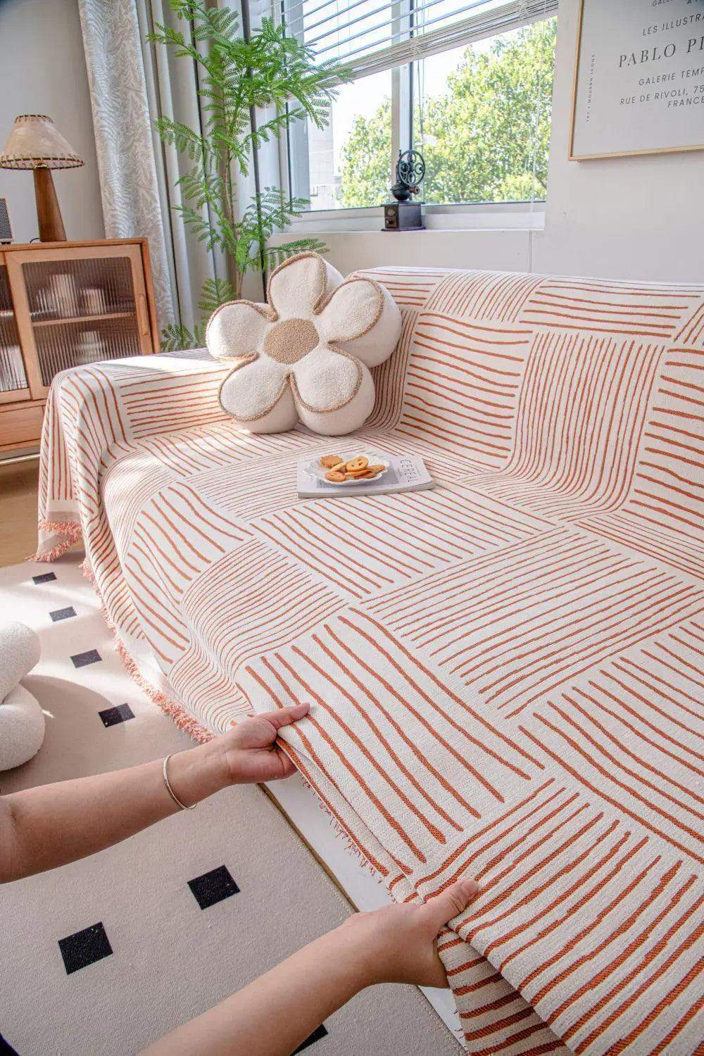 Chenille Striped Pattern Throw Blanket with Tassel 2 │ Nordic Jacquard Reversible Anti-cat Scratch Protection Sofa Cover - Besontique Home