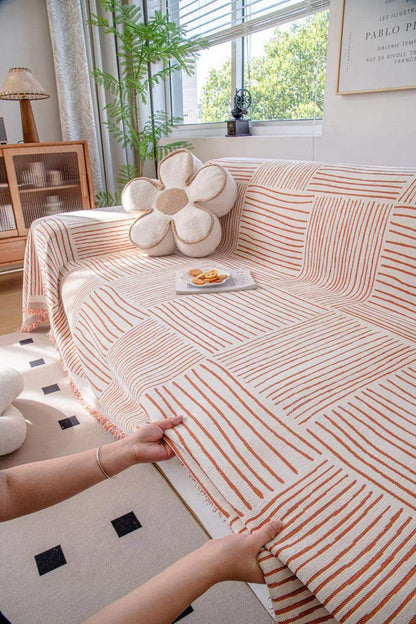 Chenille Striped Pattern Throw Blanket with Tassel 2 │ Nordic Jacquard Reversible Anti-cat Scratch Protection Sofa Cover - Besontique Home