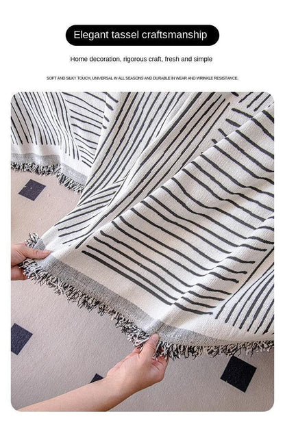 Chenille Striped Pattern Throw Blanket with Tassel 2 │ Nordic Jacquard Reversible Anti-cat Scratch Protection Sofa Cover - Besontique Home