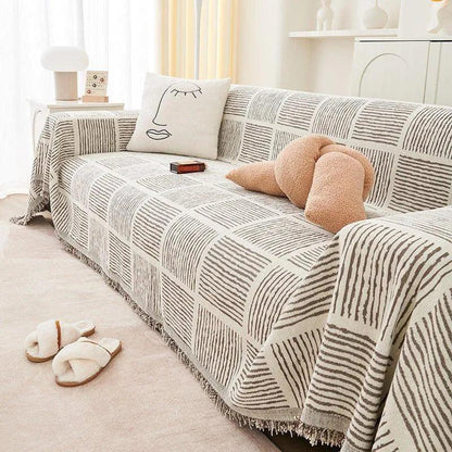 Chenille Striped Pattern Throw Blanket with Tassel │ Nordic Jacquard Reversible Anti-cat Scratch Protection Sofa Cover - Besontique Home