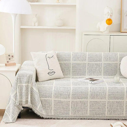 Chenille Striped Pattern Throw Blanket with Tassel │ Nordic Jacquard Reversible Anti-cat Scratch Protection Sofa Cover - Besontique Home