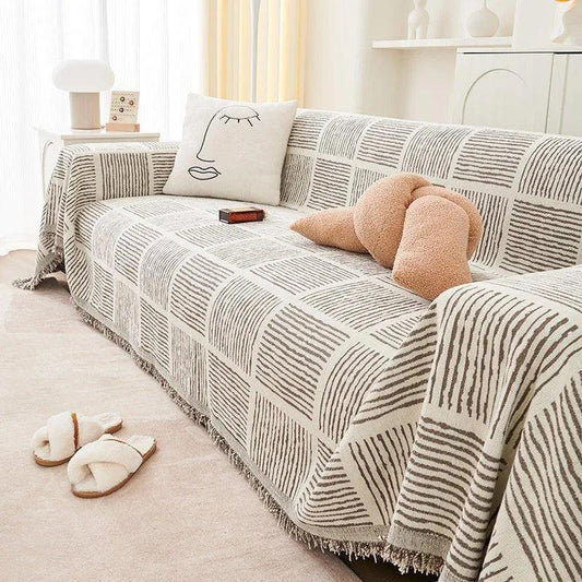 Chenille Striped Pattern Throw Blanket with Tassel │ Nordic Jacquard Reversible Anti-cat Scratch Protection Sofa Cover - Besontique Home