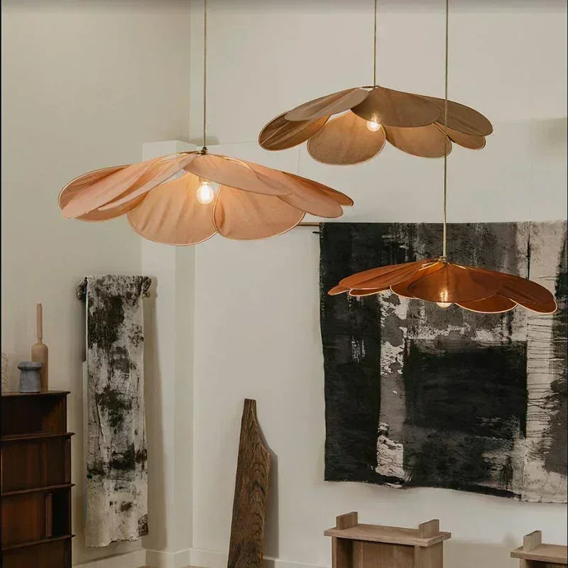 Modern Fabric Flower Art Petal Pendant Ceiling Light │ Neutral Solid Color Chandelier Hanging Lamp