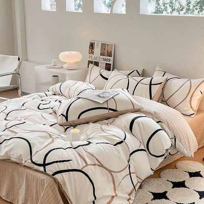 Cotton Black Beige White Line Printing Bedding Set │ High Quality Quilt Bed sheet Duvet Pillow Cover - Besontique
