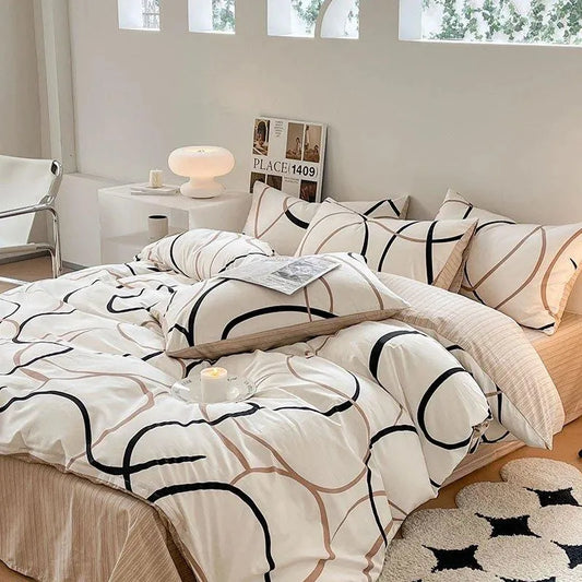 Cotton Black Beige White Line Printing Bedding Set │ High Quality Quilt Bed sheet Duvet Pillow Cover - Besontique Home
