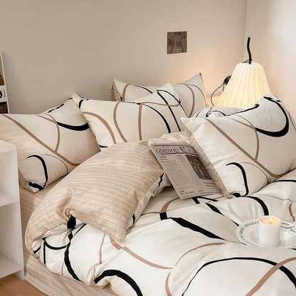 Cotton Black Beige White Line Printing Bedding Set │ High Quality Quilt Bed sheet Duvet Pillow Cover - Besontique Home