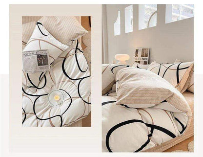 Cotton Black Beige White Line Printing Bedding Set │ High Quality Quilt Bed sheet Duvet Pillow Cover - Besontique Home