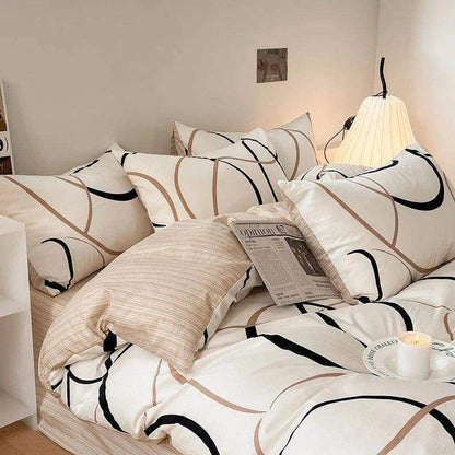 Cotton Black Beige White Line Printing Bedding Set │ High Quality Quilt Bed sheet Duvet Pillow Cover - Besontique Home