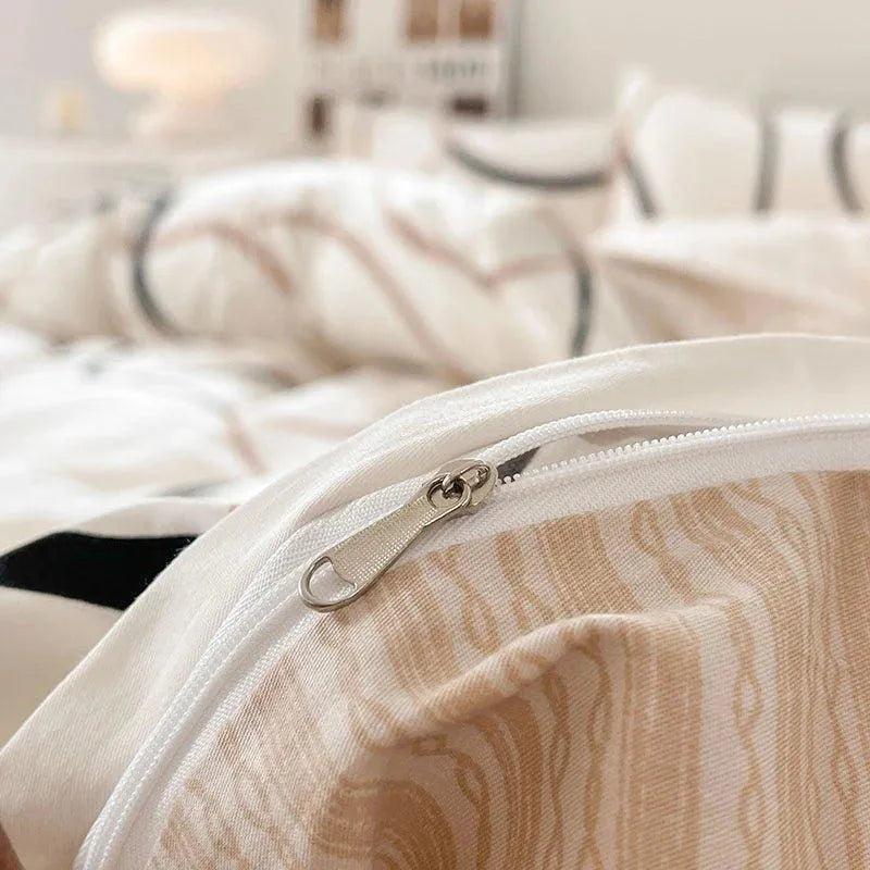 Cotton Black Beige White Line Printing Bedding Set │ High Quality Quilt Bed sheet Duvet Pillow Cover - Besontique Home