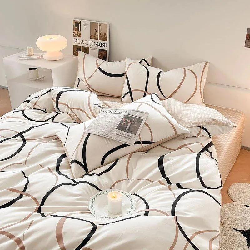 Cotton Black Beige White Line Printing Bedding Set │ High Quality Quilt Bed sheet Duvet Pillow Cover - Besontique Home
