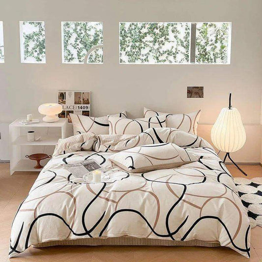Cotton Black Beige White Line Printing Bedding Set │ High Quality Quilt Bed sheet Duvet Pillow Cover - Besontique Home