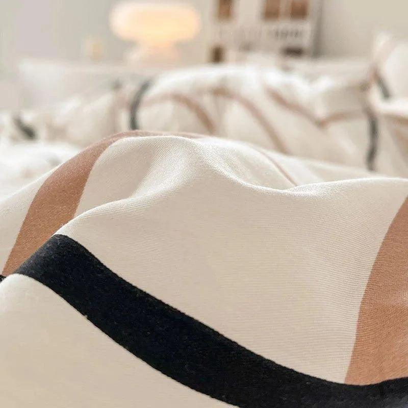 Cotton Black Beige White Line Printing Bedding Set │ High Quality Quilt Bed sheet Duvet Pillow Cover - Besontique Home