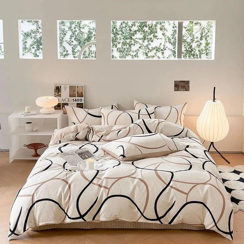 Cotton Black Beige White Line Printing Bedding Set │ High Quality Quilt Bed sheet Duvet Pillow Cover - Besontique Home