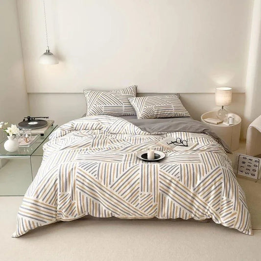 Cotton Stripe Printing Quilt Bedding Set │ High Quality Bed sheet Duvet Pillow Cover - Besontique Home