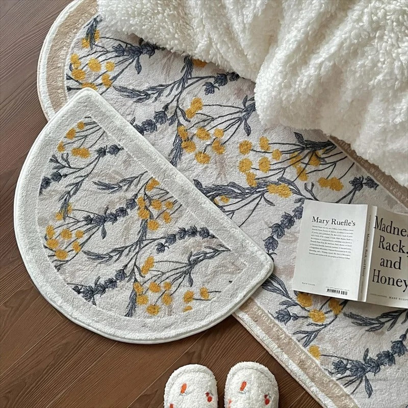 Modern Floral Fluffy Bedside Decorative Half circle Rug │ Soft Anti-slip Absorbent Bathroom Floor Mat BEsontique Home deocr