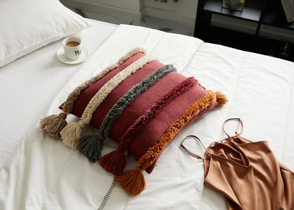 Bohemian Stripe Knitted Cushion Cover with Tassels │ Home Decor Tufted Throw Pillow Case Besontique