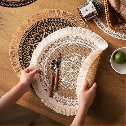 Boho Woven Jute Round Table Placemat Mats with Tassel │ For Dining Room Table Decor  │ Kitchenware Besontique Home 