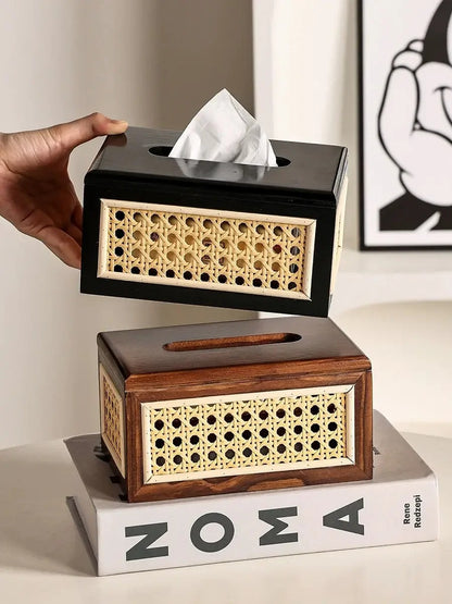 Nordic Rattan Tissue Box organizer │ Modern Japandi Napkin Holder Container Case