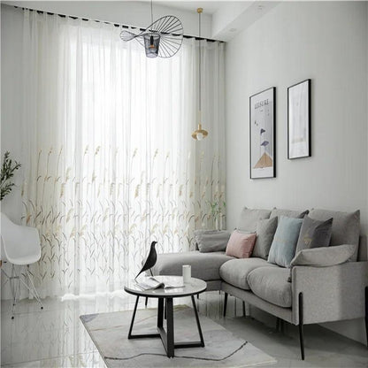 Modern Reed Leaf Embroidered Tulle Curtain │ Modern Transparent White Yarn Curtains