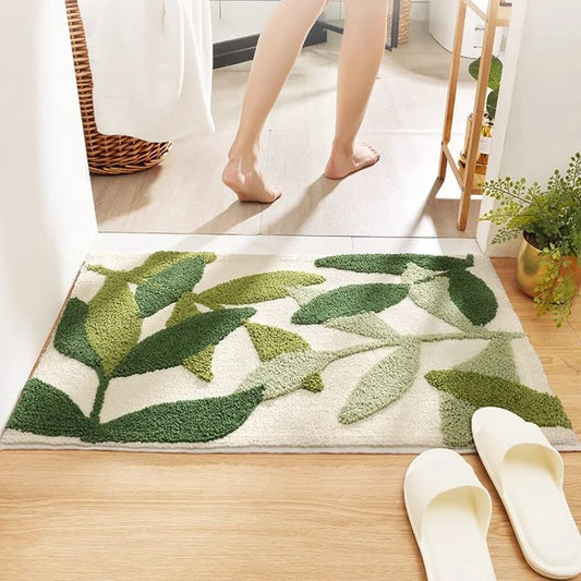 Green Leaves Microfiber Bathroom Rug │ Non-slip Absorbent Soft Fluffy Bath Floor Mat Besontique Home Decor