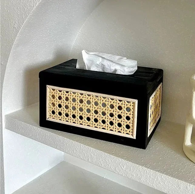 Nordic Rattan Tissue Box organizer │ Modern Japandi Napkin Holder Container Case