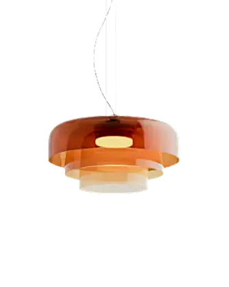 Modern pendant light with a transparent brown shade on a white background