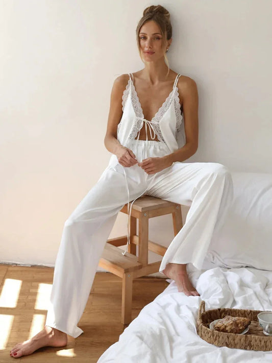 Elegant Lace Strap Pajamas Pants Homewear Set │Casual Sleepwear - Besontique Home