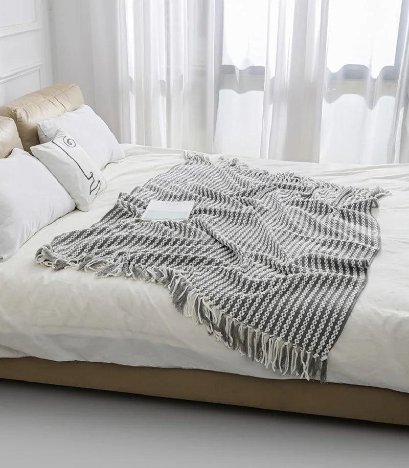 Fluffy Chenille Throw Blanket with Tassels │ Fringe Knitted Blankets for couch decor - Besontique Home