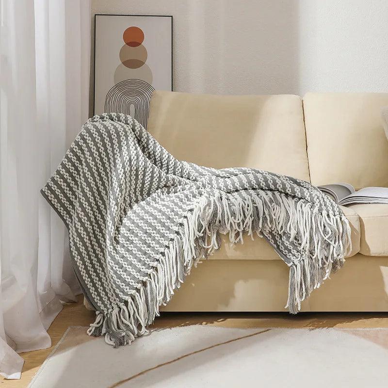 Fluffy Chenille Throw Blanket with Tassels │ Fringe Knitted Blankets for couch decor - Besontique Home