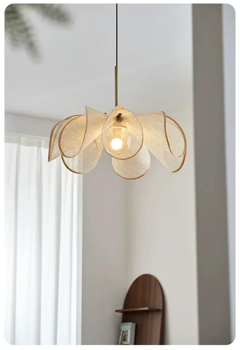French Art Deco Fabric Petal Pendant Ceiling Light │ Boho Vintage Chandelier Hanging Lamp - Besontique Home