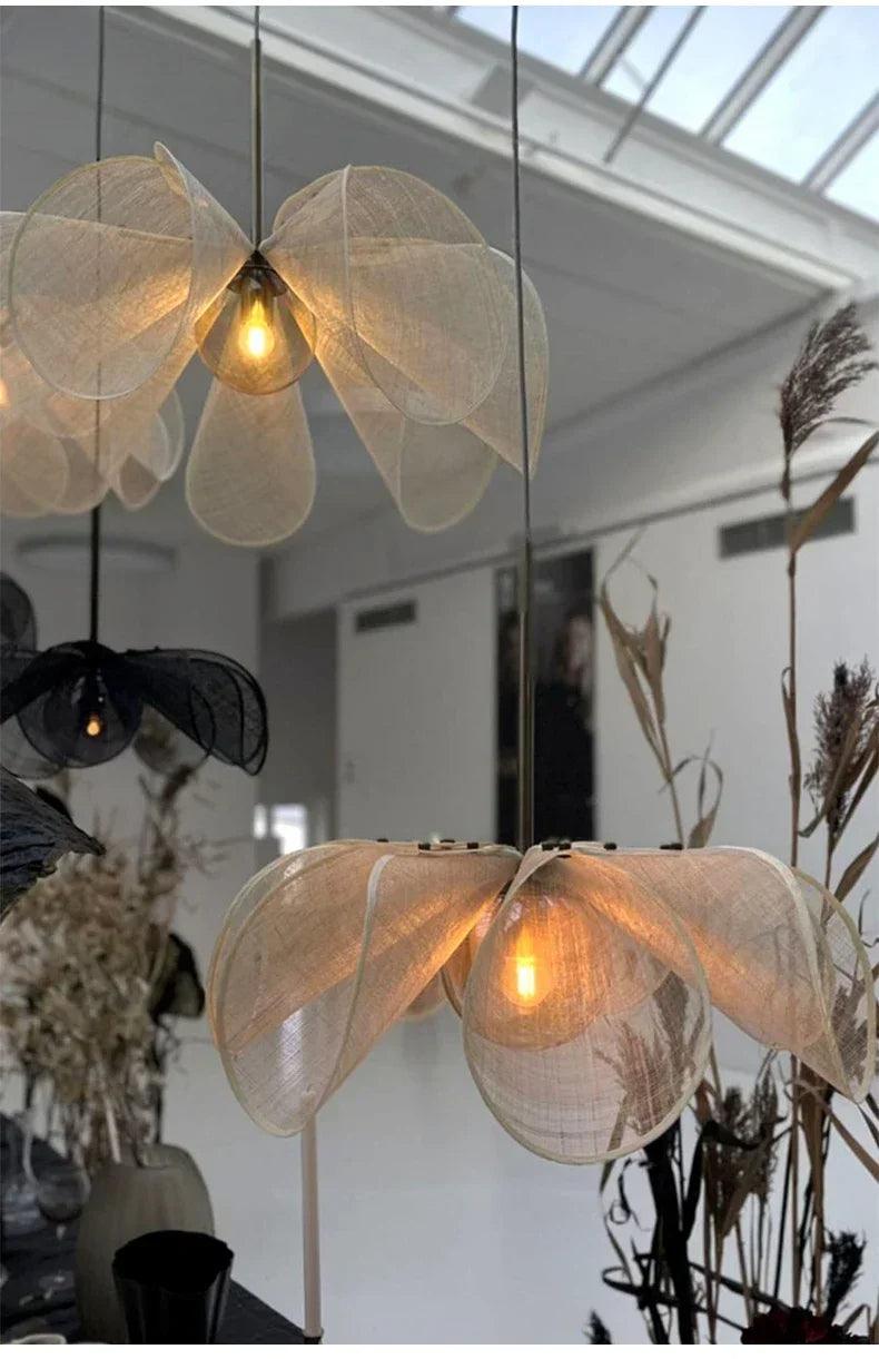French Art Deco Fabric Petal Pendant Ceiling Light │ Boho Vintage Chandelier Hanging Lamp - Besontique Home